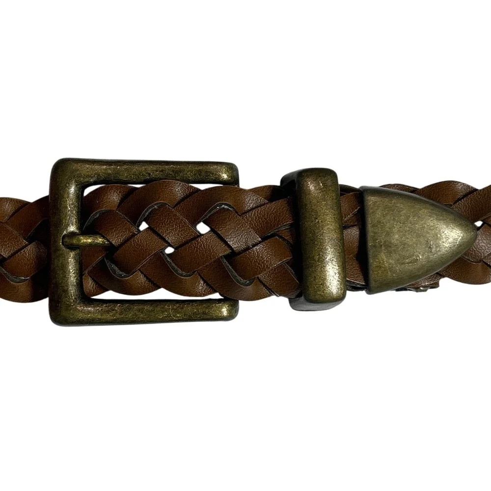 Brown Braided Leather Belt Weathered Brass Buckle Western Boho Up To‎ 37